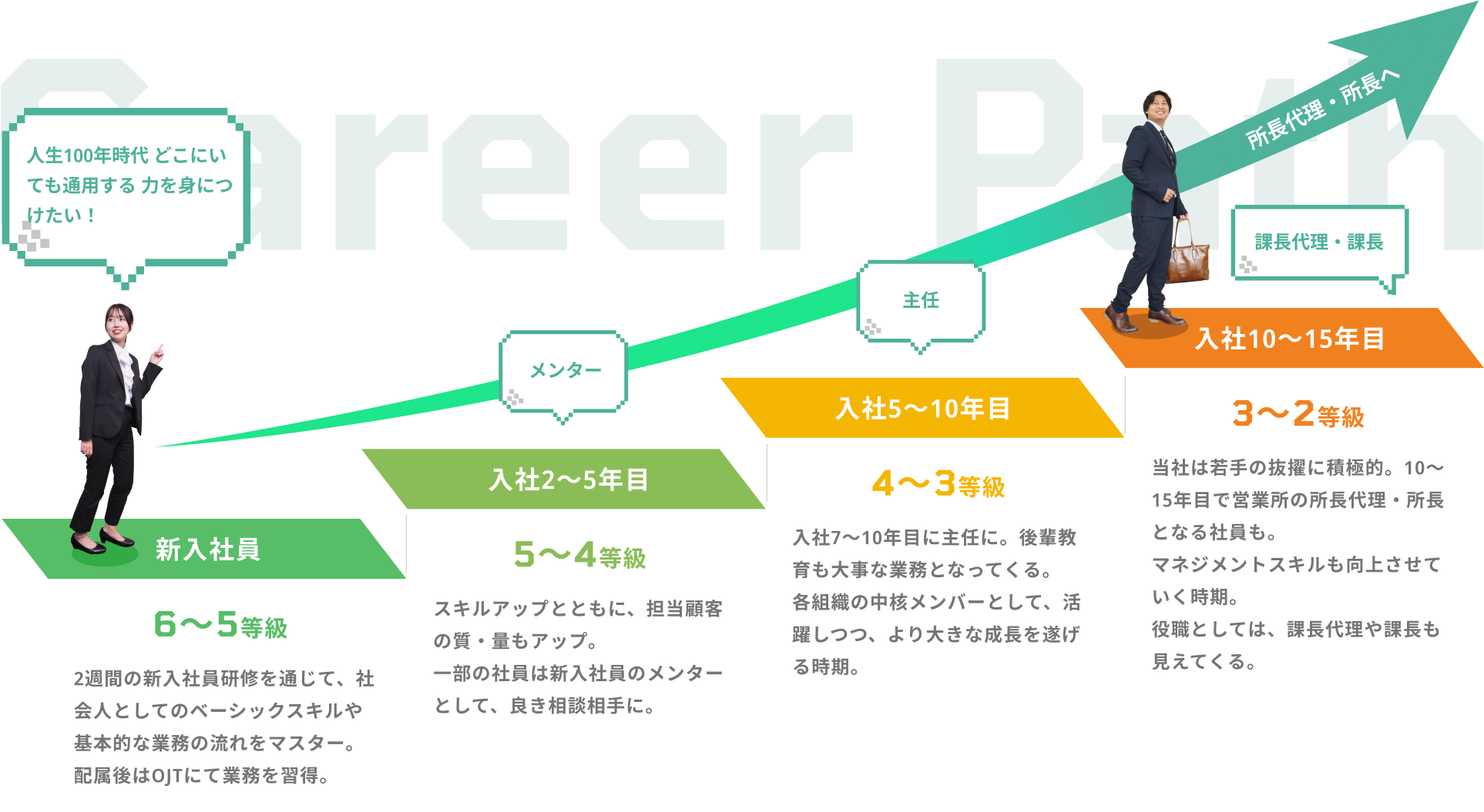 新入社員、入社2〜5年目、入社5〜10年目、入社10〜15年目 入社後のキャリアパスを等級に分けて紹介